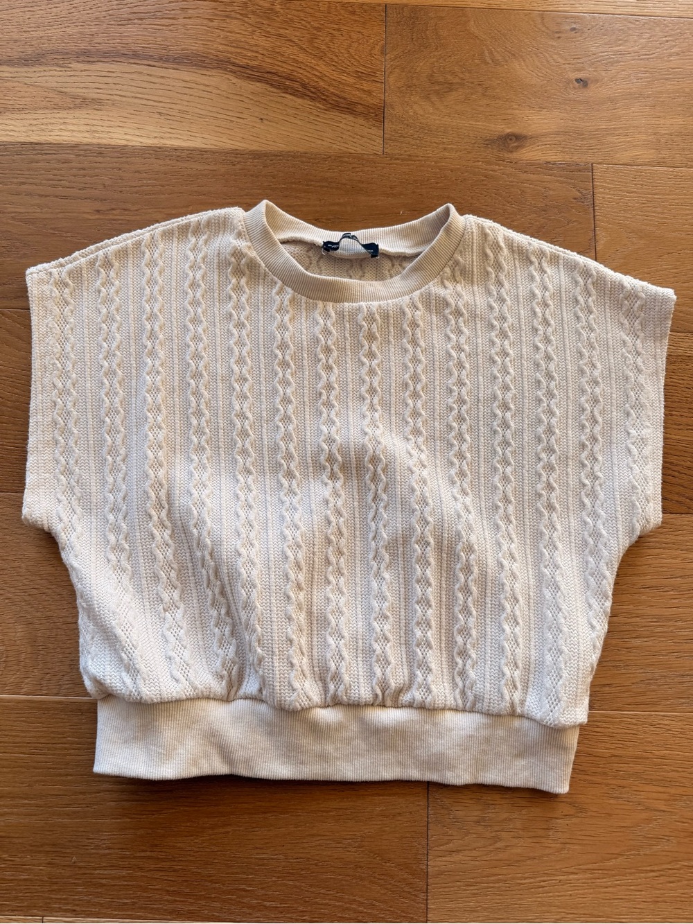 Short-Sleeve Cream Cable Knit Crewneck Sweater
